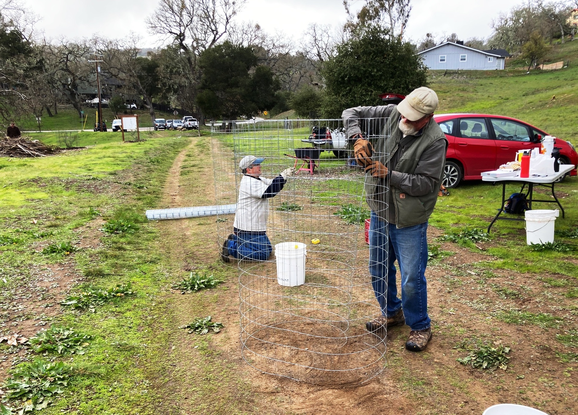 Mike and Cory making new larger cages for the growing oaks!